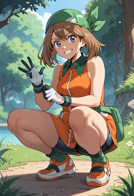 Crouching with both hands on the ground, smile,  <lora:MayRSEPony:1> May_Es, medium hair, brown hair, blue eyes, green bandana, collared dress, sleeveless dress, orange dress, white gloves, fanny pack, green belt, shorts under dress, bike shorts, orange footwear,, score_9, score_8_up, score_7_up, score_6_up, score_5_up, score_4_up,