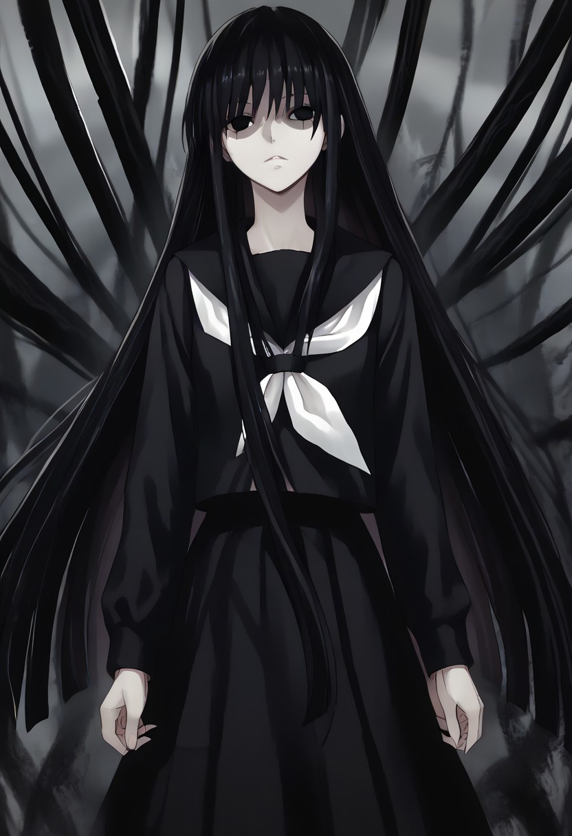score_9, score_8_up, score_7_up, score_6_up, score_5_up, score_4_up, source_anime, 1girl, solo, 
hagoromo gitsune,shaded face,black eyes,empty eyes,black hair,very long hair, 
black serafuku,pantyhose,black sailor collar,black skirt, 
masterpiece, best quality, very aesthetic, absurdres,