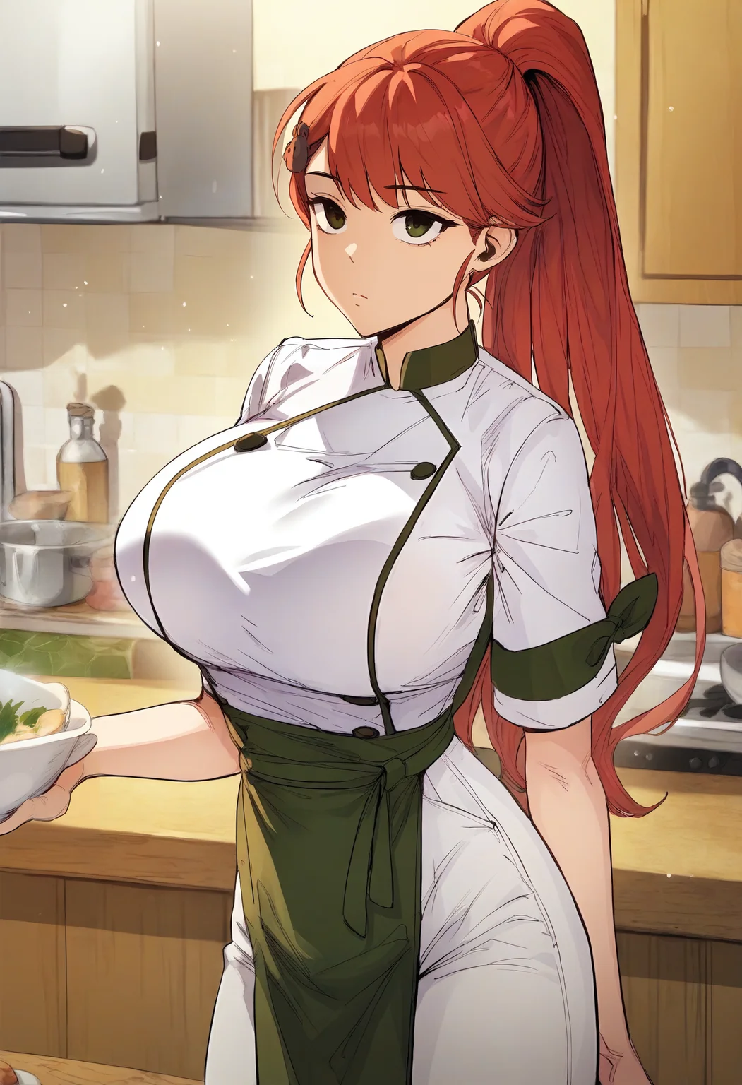 score_9, score_8_up, score_7_up, score_6_up, source_anime, rating_explicit, 1girl, (solo:1.1), huge breasts,<lora:Sua prefectPonyxl:0.9> long hair, red hair, high ponytail, bear hair ornament, green eyes, black eyes, chef, turtleneck, double-breasted, white shirt, short sleeves, buttons, waist green apron, green ribbon, white pants, expressionless, restaurant, kitchen, indoors, looking at viewer