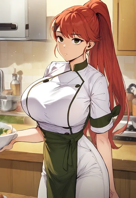 score_9, score_8_up, score_7_up, score_6_up, source_anime, rating_explicit, 1girl, (solo:1.1), huge breasts,<lora:Sua prefectPonyxl:0.9> long hair, red hair, high ponytail, bear hair ornament, green eyes, black eyes, chef, turtleneck, double-breasted, white shirt, short sleeves, buttons, waist green apron, green ribbon, white pants, expressionless, restaurant, kitchen, indoors, looking at viewer