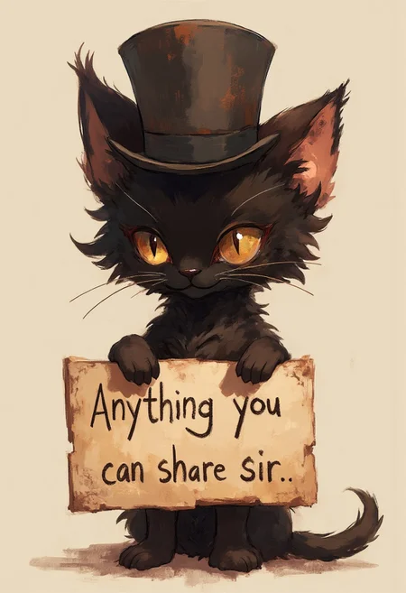 A small black kitty with a tophat and a monocle. Holding a sign saying "Anything you can share sir"