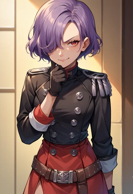 score_9, score_8_up, score_7_up, source_anime, 1girl, solo, erinap5t, short hair, hair over one eye, purple hair, black jacket, epaulets, belt, red skirt, gloves, thinking, smirk, hand on own chin, <lora:zs_ErinaXL:1>