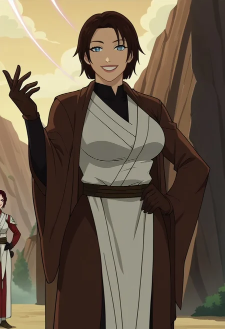 score_9, score_8_up, score_7_up, source_anime, anime coloring, anime screencap, meetra surik, short hair, brown hair, blue eyes, large breasts, jedi robe, gloves, hand on hips, smile, detail background,