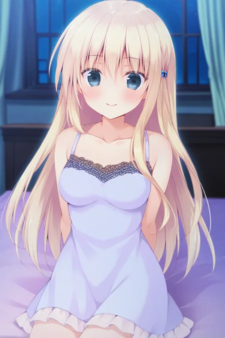masterpiece,best quality,amazing quality,highres,scenery,newest,1girl,official style,kruger,blonde hair,long hair,blue eyes,hair ornament,deerstalker,hair beads,kruger nightwear,collarbone,dress,hair between eyes,sleeveless,sleeveless dress,<lora:yingyun-kruger-V2:1>,bedroom,bed,looking at viewer,sitting,smile,night,arms behind back,front view,