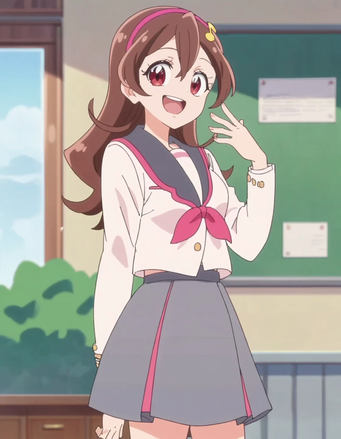 score_9, score_8_up, score_7_up, anime screencap, solo,1girl,sakurauta,school uniform, open mouth, smile,gray skirt, pink hairband, sailor collar,looking at viewer,cowboy shot,medium breasts,<lora:sakurauta_pony_v2:0.8>
