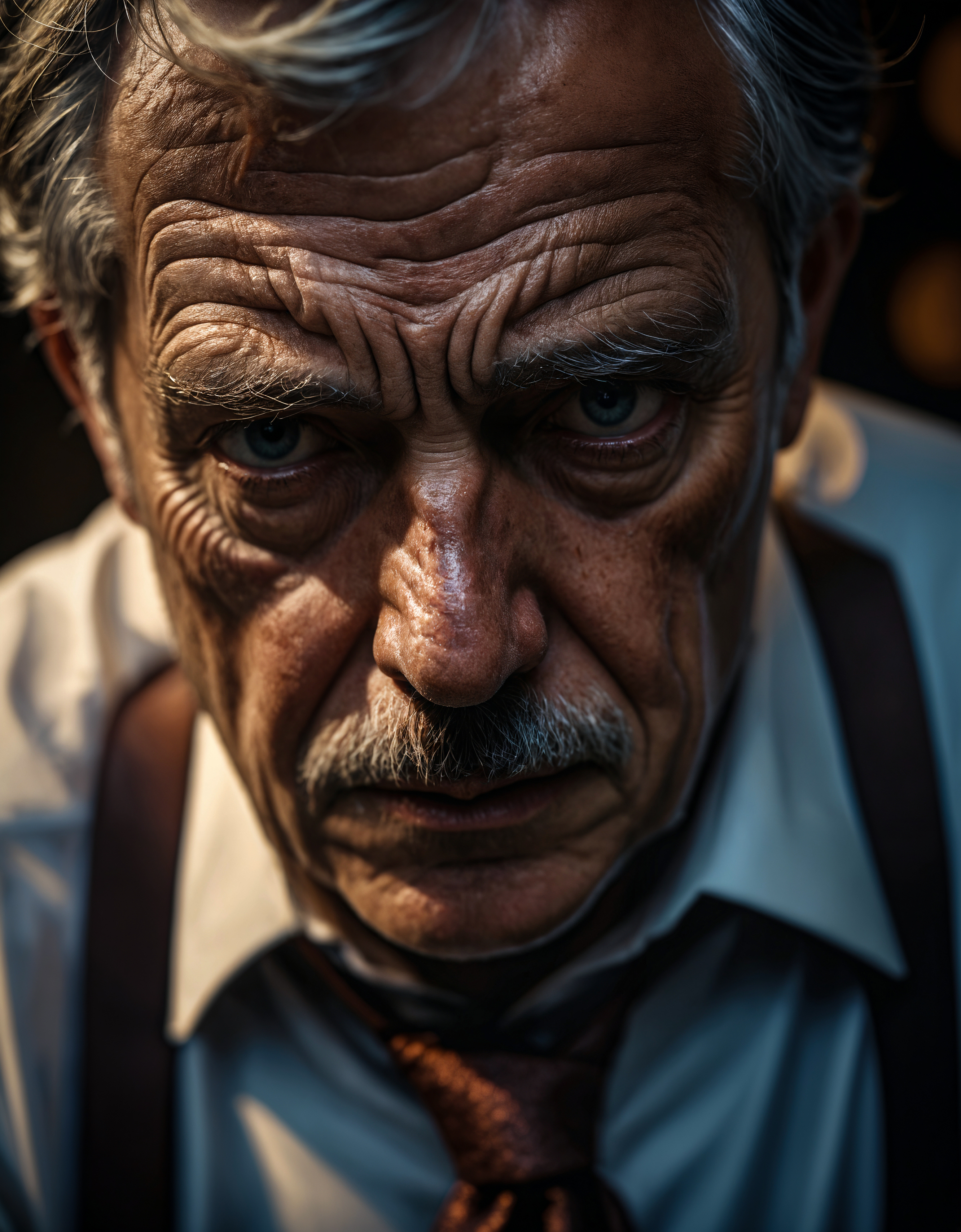 glamour portrait shot (from above:0.5) of sophisticated business man in sophisticated clothes, ((overwhelming fatigue)), old man, wrinkles of age, photorealistic, moody colors, gritty, masterpiece, best quality, (intricate details), eldritch, glow, glowing eyes, (volumetric lighting), unique pose, dynamic pose, dutch angle, 35mm, anamorphic, lightroom, cinematography, film grain, HDR10, 8k hdr, Steve McCurry, ((cinematic)), RAW, color graded portra 400 film, remarkable color, raytracing, subsurface scattering, hyperrealistic, extreme skin details, skin pores, deep shadows, contrast, dark theme,