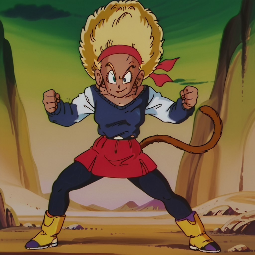 Rulah,1girl,Dark skin,afro hair,red headband,white shirt,dark blue sweater,red skirt with black lines,black leggings,yellow boots
Rulah transforming into a Super Saiyan. Spiky blonde hair, blue eyes, monkey tail. Alone, battle pose, electric aura. Desert background with mountains and rocks. Confident smile.
drgnbll
dynamic pose, dynamic and extreme perspective