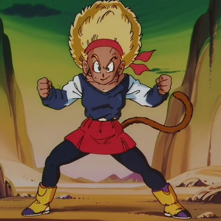 Rulah,1girl,Dark skin,afro hair,red headband,white shirt,dark blue sweater,red skirt with black lines,black leggings,yellow boots
Rulah transforming into a Super Saiyan. Spiky blonde hair, blue eyes, monkey tail. Alone, battle pose, electric aura. Desert background with mountains and rocks. Confident smile.
drgnbll
dynamic pose, dynamic and extreme perspective