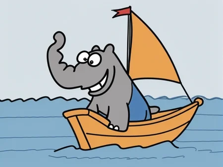 <lora:Ottifant_sdxl:0.5> Ottifant smiling, sailing on a boat