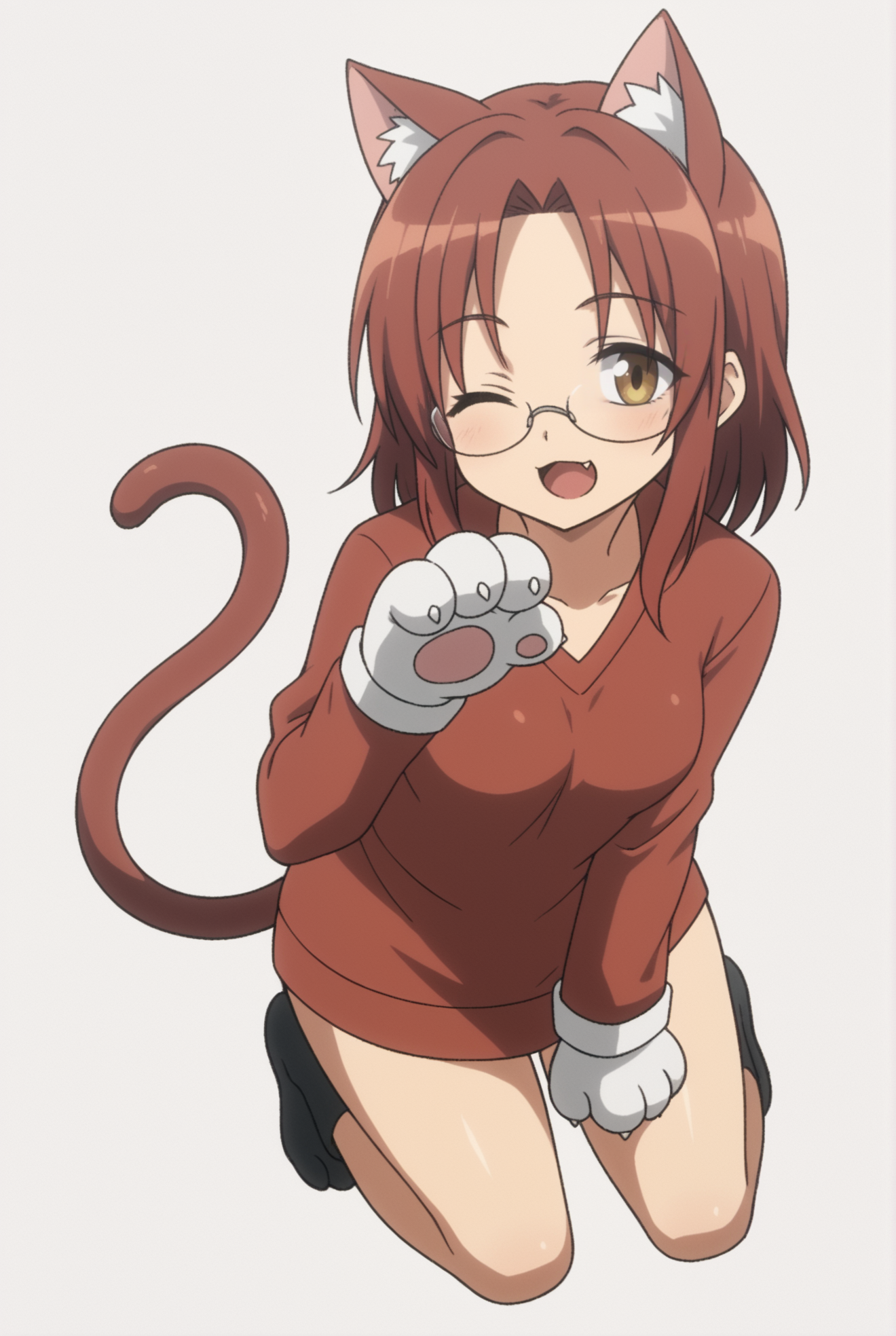 <lora:Kyoko_Hayashi:0.6>, white background, Kyoko Hayashi, 1girl, one eye closed, solo, animal ears, tail, white background, cat ears, cat tail, paw gloves, full body, glasses