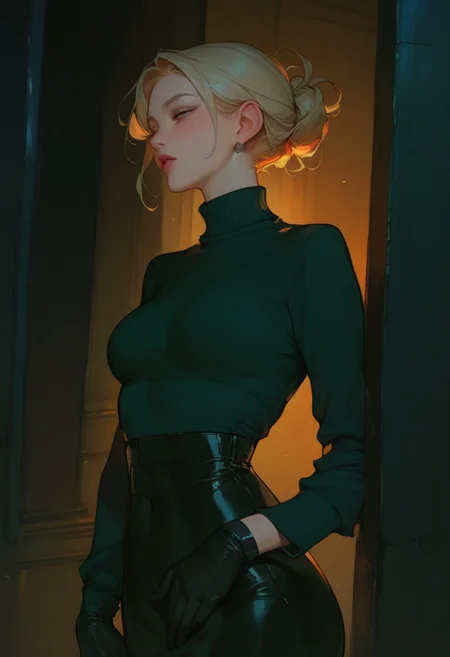 score_9, score_8_up, score_7_up, score_6_up, score_5_up, score_4_up, turtleneck sweater, black sweater, pale skin, semi-realism, medium breasts, tight clothes, dark narrow corridor, black latex gloves, formal suit, black suits, blonde hair,