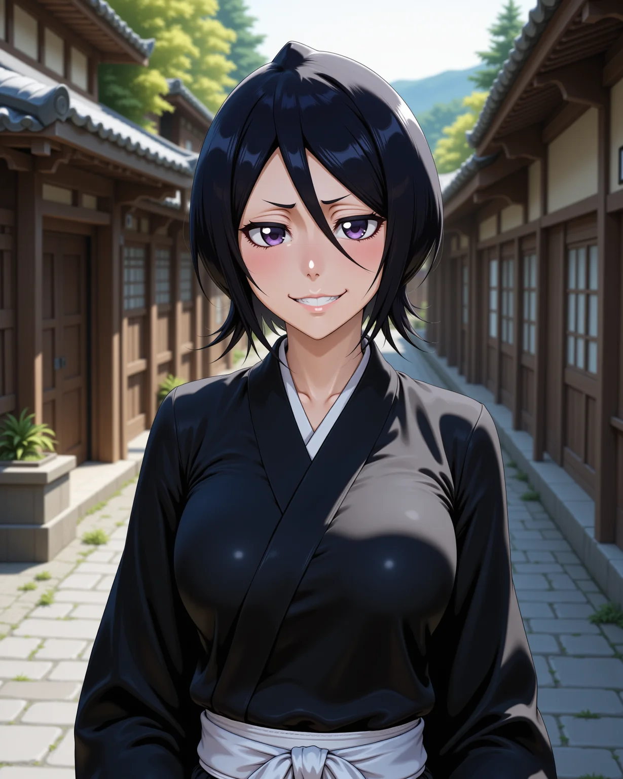 -looking at viewer, outdoors daylight, a 20 year old adult mature woman. smirking
front view, passport style with upper body in frame
<lora:Bleach_-_Rukia_v2_000030:1> b-rukia, Black Hair, purple eyes
Wearing a black kimono-style shihakushÅ with white sash