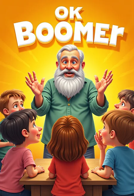 Childrens book cover, Title: Ok Boomer, Cover includes old man telling a story, children sitting around rolling eyes while pretending to listen to story, aidmaimageupgrader, aidmaHyperrealism