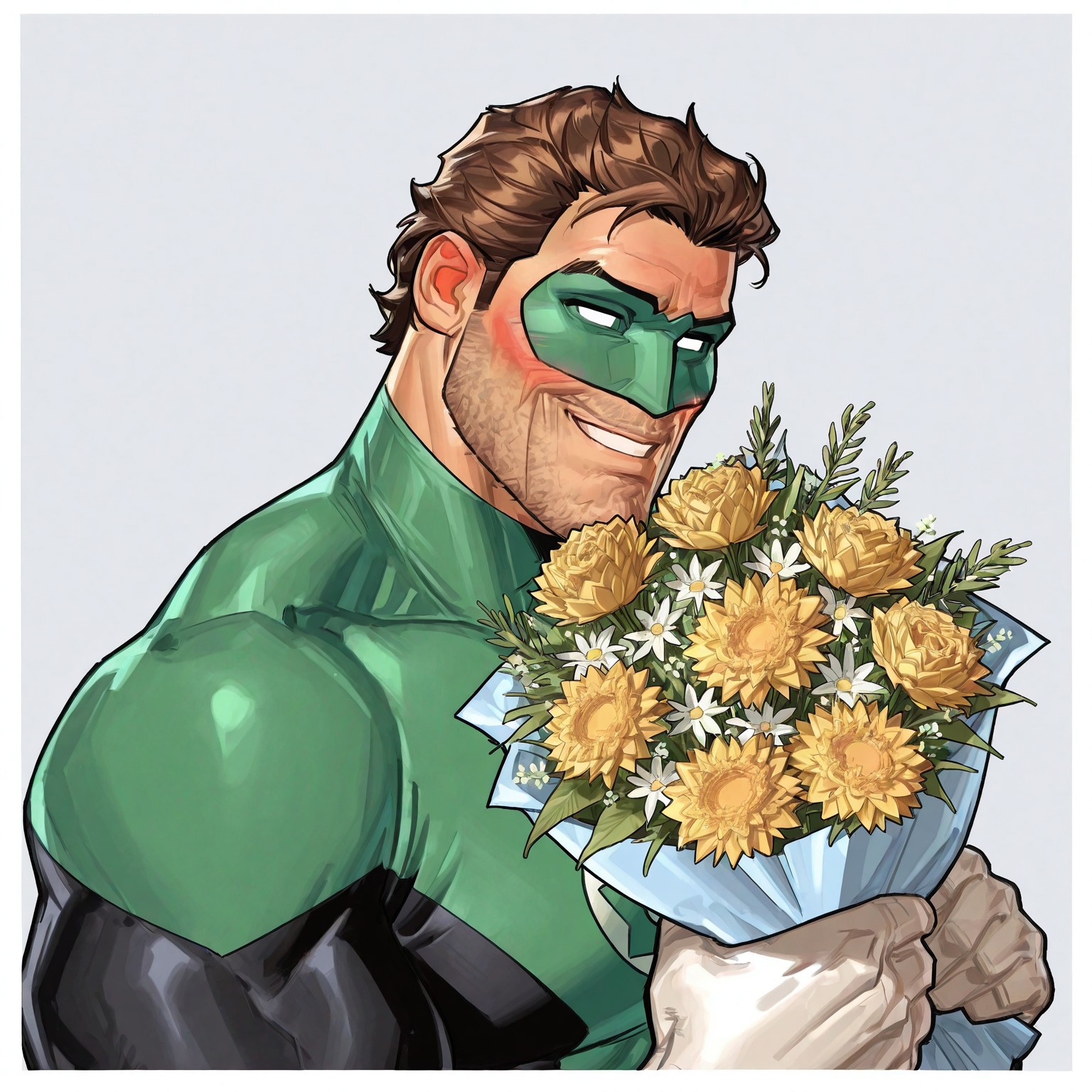 masterpiece, best quality, newest, absurdres, highres, white borders around characters, soft light, BREAK bara, muscular, 1man, male focus, male, male focus, 1boy, GreenLanternOldDC, white sclera, green mask, mouth, short hair, blonde hair, greying hair, eye mask, strong jaw, unshaven face, {{beefy}}, {{muscular}}, {{large}}, close up to face, mouth, smiling, costume, blushing, Bouquet of flowers, holding bouquet of flowers, looking at the viewer, sniffing the bouquet