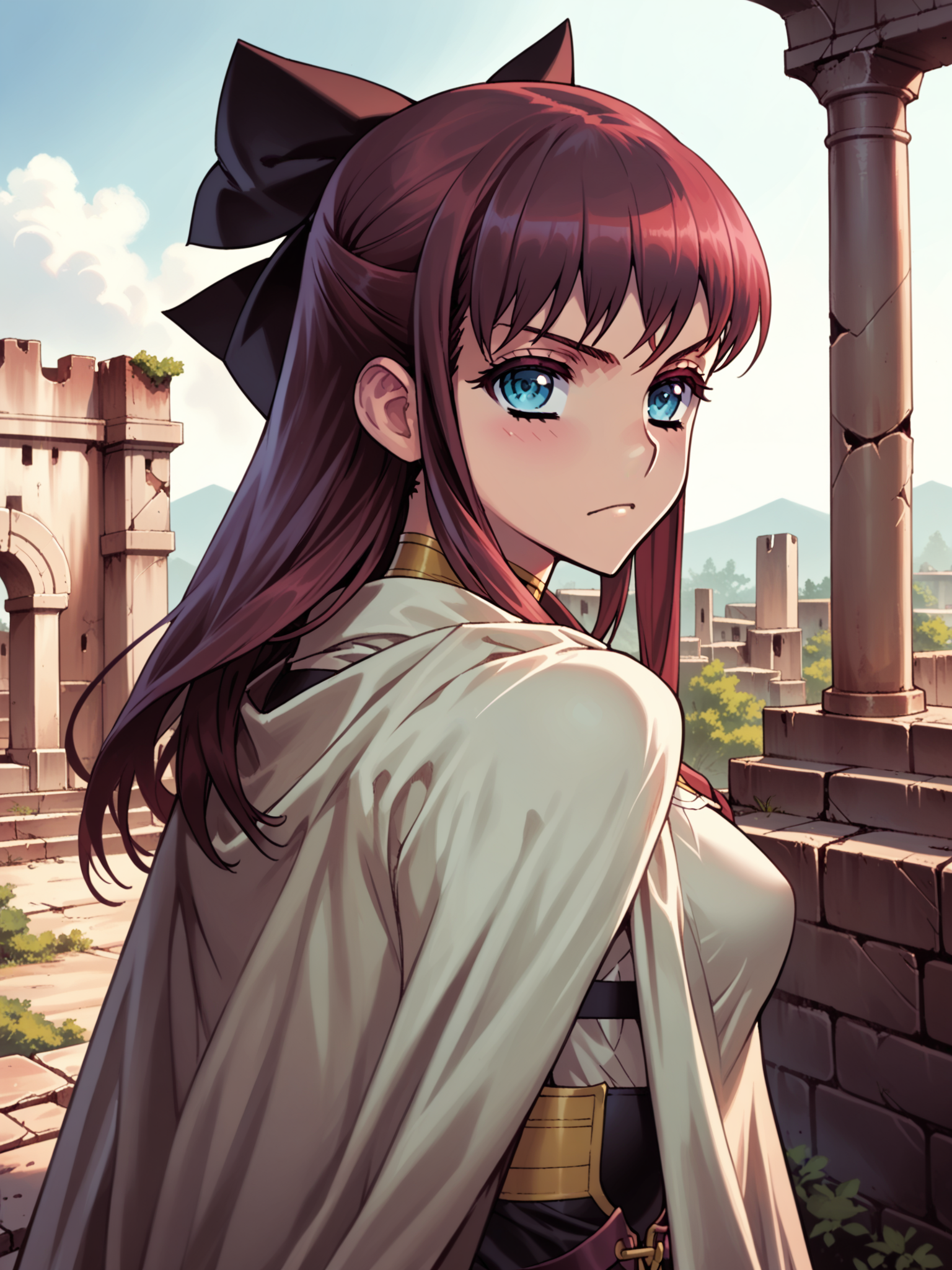 (upper body, solo:1.1) <lora:happy_tentacle-elseria-v0.5-000020:1>, ht_elseria, hair bow, 1girl, () ( :1.1) (perky breasts:1.2) ( , , ( :1.2) , , looking back :1.1) , outdoors, vegetation, ( :1.1), , (dusk :0.6), (blue sky:0.6) , (:0.5), (people:1.1) , (gothic architecture :0.8), (ruins :1.2) ( :0.8) score_9, score_8_up, score_7_up, score_6_up, score_5_up, score_4_up, [(realistic, photorealistic:1.3):(realistic:1.2):24] [(3d:1.2)::16] <lora:LUUNA's Lunas-NijiJourney-SDXL-B2:0.35>, nijijourney <lora:prgfrg23's Counterfeit-V3.0 Style SDXL_LoRA_Pony Diffusion V6 XL:0.5> <lora:mfcg's mfcgXL:0.12> <lora:reweik's gyokai(himehajime)_PonyXL_style_v01:0.14>