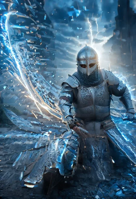 1man, armored Viking warrior in lamellar armor, wearing Viking helmet and lamellar armor, Incoming sword, broken glass, brave perspective, reflection, glowing lightning slash, Viking sword, blue flames, shatter, holding sword, glowing sword, motion blur, emphasis line, outdoor in the darkness, looking at viewer,