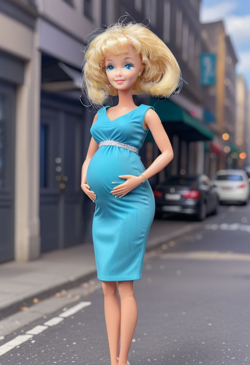 full body shot, <lora:Barbie_Doll_SDXL:1> Barbie standing on the street, wearing maternity dress with pregnant belly,