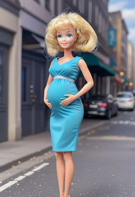 full body shot, <lora:Barbie_Doll_SDXL:1> Barbie standing on the street, wearing maternity dress with pregnant belly,