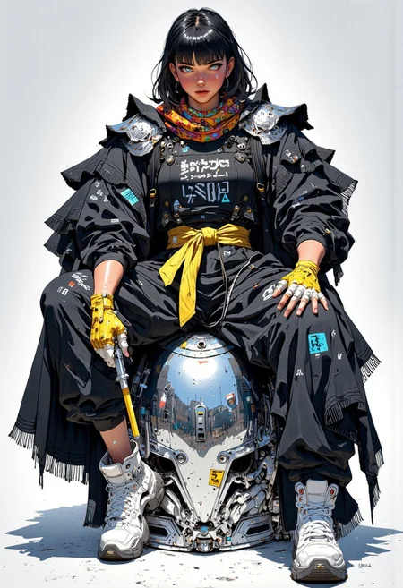 A hyper-detailed, full-body digital illustration in Cucoloris style featuring a 25-year-old woman with a masculine jawline, sitting on a chrome silver knight's Great Helm with realistic metallic texture. Her black hair is styled in a French bob with bangs, framing her face. She has bold black and blue eyelines, long eyelashes, black eyes, and wears a nose ring with glossy red lips. Dressed in oversized, edgy avant-garde clothing by designer Iris van Herpen, she wears a flowing black tunic with dramatic frills at the sleeves and hem, layered with a structured black vest. A vibrant scarf tied around her waist adds an eye-catching pop of color, complemented by yellow fingerless gloves that showcase her manicured nails. She completes the look with oversized white sneaker boots featuring chunky soles and unique cutouts. The pose is a realistic yet aesthetic sitting position, her body weight subtly balanced on the helm. Captured with a Canon EOS R5 using a 50mm f/1.2 lens, the shot is framed in a full-body portrait style. The Cucoloris lighting effect creates intricate, dappled shadows across her figure and the metallic surface of the helm, giving depth and dimension to the scene, inspired by urban futurism and contemporary fashion themes. <lora:Velvet's Mythic Fantasy Styles | Flux + Pony:1.00>