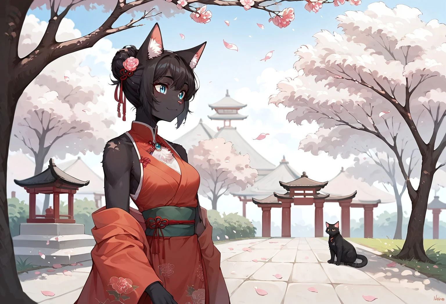 score_9,score_8_up,score_7_up,score_6_up,score_5_up,score_4_up,
source_anime, masami, black fur, catgirl, 1girl, solo, black hair,
hair_ornament, dress, ribbon, bare_shoulders, jewelry, closed_mouth, upper_body, flower, outdoors, japanese_clothes, sky, sleeveless, day, cat_ears, kimono, off_shoulder, hair_bun, red_ribbon, tree, blue_sky, sash, petals, :3, small smile, sleeveless_dress, chinese_clothes, single_hair_bun, cherry_blossoms, architecture, east_asian_architecture,