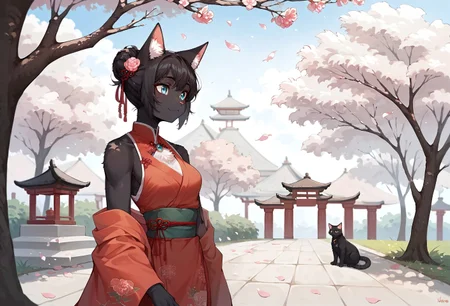 score_9,score_8_up,score_7_up,score_6_up,score_5_up,score_4_up,
source_anime, masami, black fur, catgirl, 1girl, solo, black hair,
hair_ornament, dress, ribbon, bare_shoulders, jewelry, closed_mouth, upper_body, flower, outdoors, japanese_clothes, sky, sleeveless, day, cat_ears, kimono, off_shoulder, hair_bun, red_ribbon, tree, blue_sky, sash, petals, :3, small smile, sleeveless_dress, chinese_clothes, single_hair_bun, cherry_blossoms, architecture, east_asian_architecture,