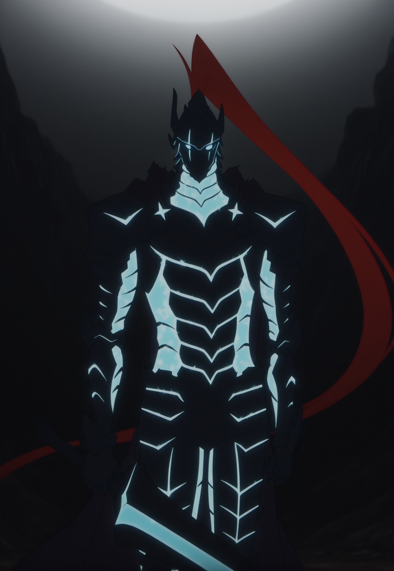 source anime,anime screencap,anime coloring,intricate details,fake screenshot,masterpiece, best quality, very aesthetic, dramatic lighting, illustration, White background, score_9, score_8_up, score_7_up, BREAK, Igris, full armor, glowing, sword, holding sword, standing, looking at viewer, cowboyshot