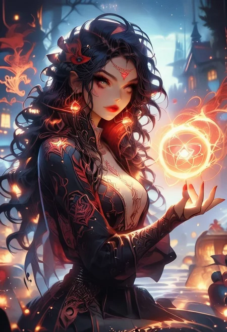 safe_pos, source_anime, EyesHD, Expressiveh, score_9, score_8_up, score_7_up, anime style, big pretty eyes, rating_questionable, 1girl, woman, sorceress, (red lipstick:1), bombshell hair, shiny color:black hair with multicolor highlights, long hair, toned body, athletic build, narrow waist, wide hips, large breasts, korean, night, scenery, "at rose garden", ((casting heart spell, love spell), fire ball.<lora:EnvyPonyPrettyEyes01:1>, <lora:add-detail-xl:1>