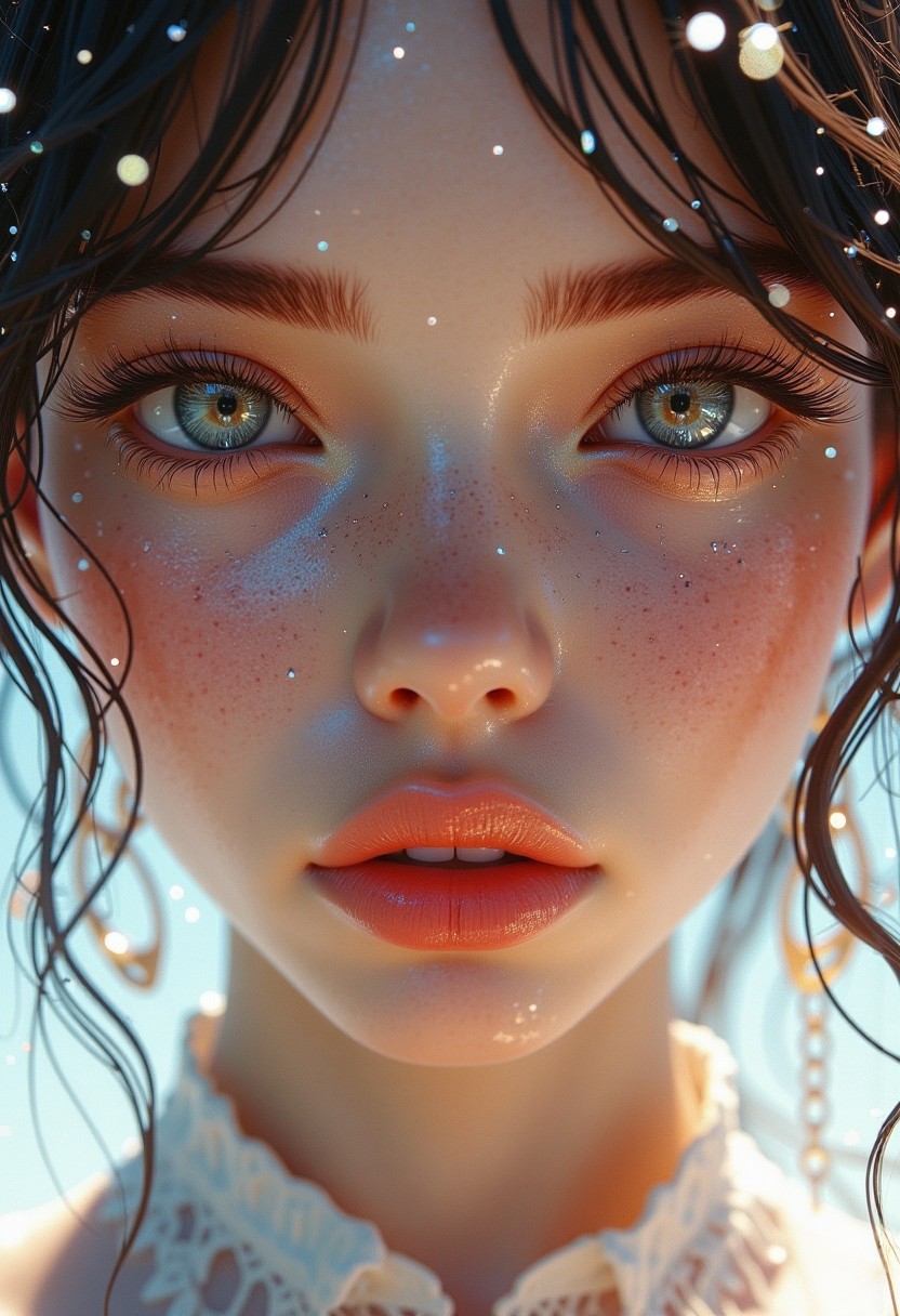 This is a highly detailed, digital illustration of a young woman with a striking, ethereal appearance. The artwork is rendered in a hyper-realistic, photorealistic digital medium, showcasing intricate details and vibrant colors. The subject has a fair, porcelain-like skin with a radiant glow, particularly evident on her face. Her eyes are almond-shaped, large, and expressive, with a captivating gaze that draws the viewer in.