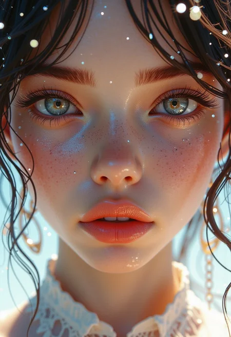 This is a highly detailed, digital illustration of a young woman with a striking, ethereal appearance. The artwork is rendered in a hyper-realistic, photorealistic digital medium, showcasing intricate details and vibrant colors. The subject has a fair, porcelain-like skin with a radiant glow, particularly evident on her face. Her eyes are almond-shaped, large, and expressive, with a captivating gaze that draws the viewer in.