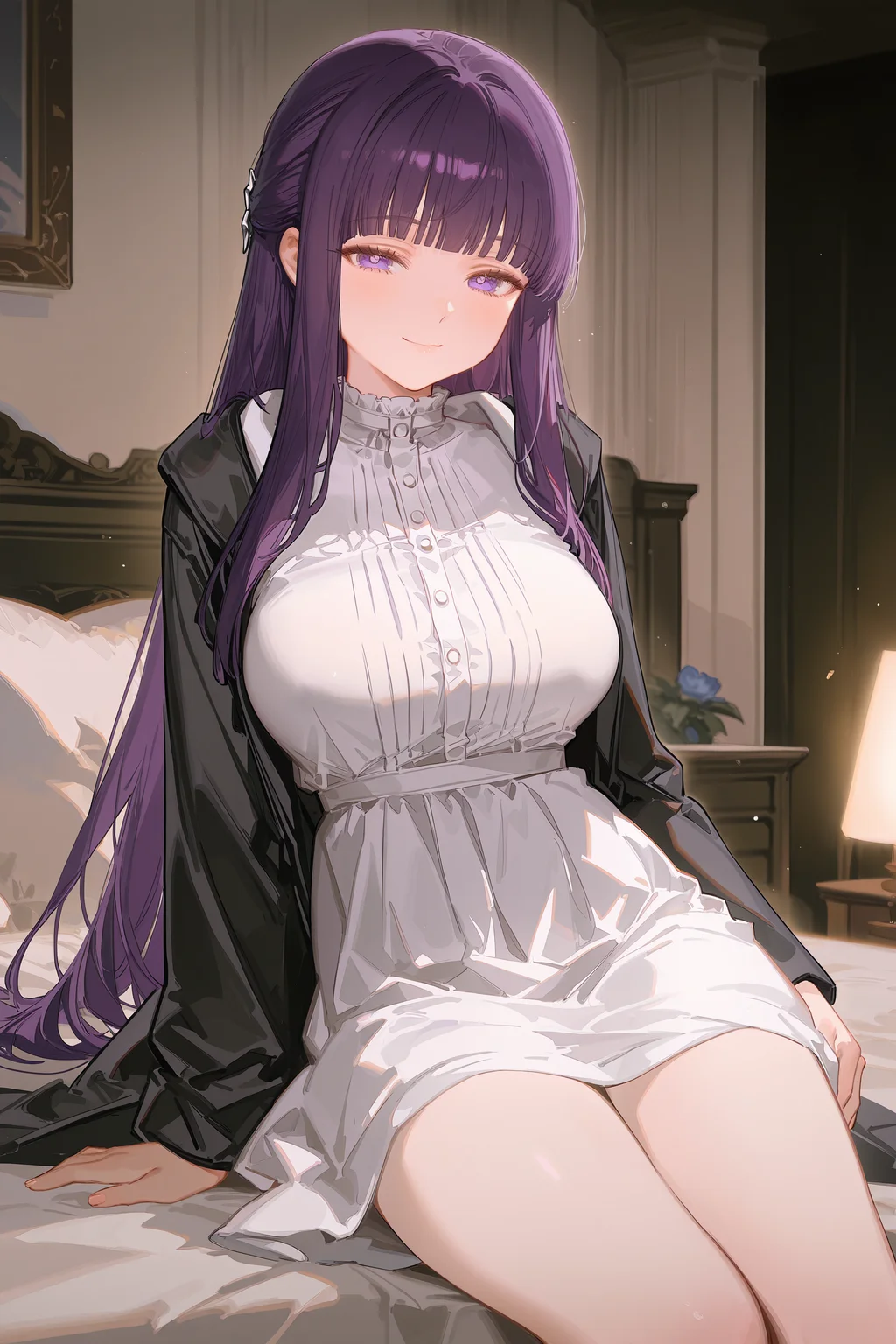 1girl, fern \(sousou no frieren\), solo, large breasts, black coat, long white dress, cowboy shot, bedroom, depth of field, sitting on side of the bed, reclining, arm support, gasping, ecstasy, seductive smile <lora:Char-Fern-IL-V1:0.8:hr=0.6>, ciloranko, alphonse \(white datura\), ask \(askzy\), gomzi, you shimizu
masterpiece, best quality, amazing quality, very aesthetic, absurdres, newest, (scenery, volumetric lighting), ray tracing, (bloom:1.4), cinematic