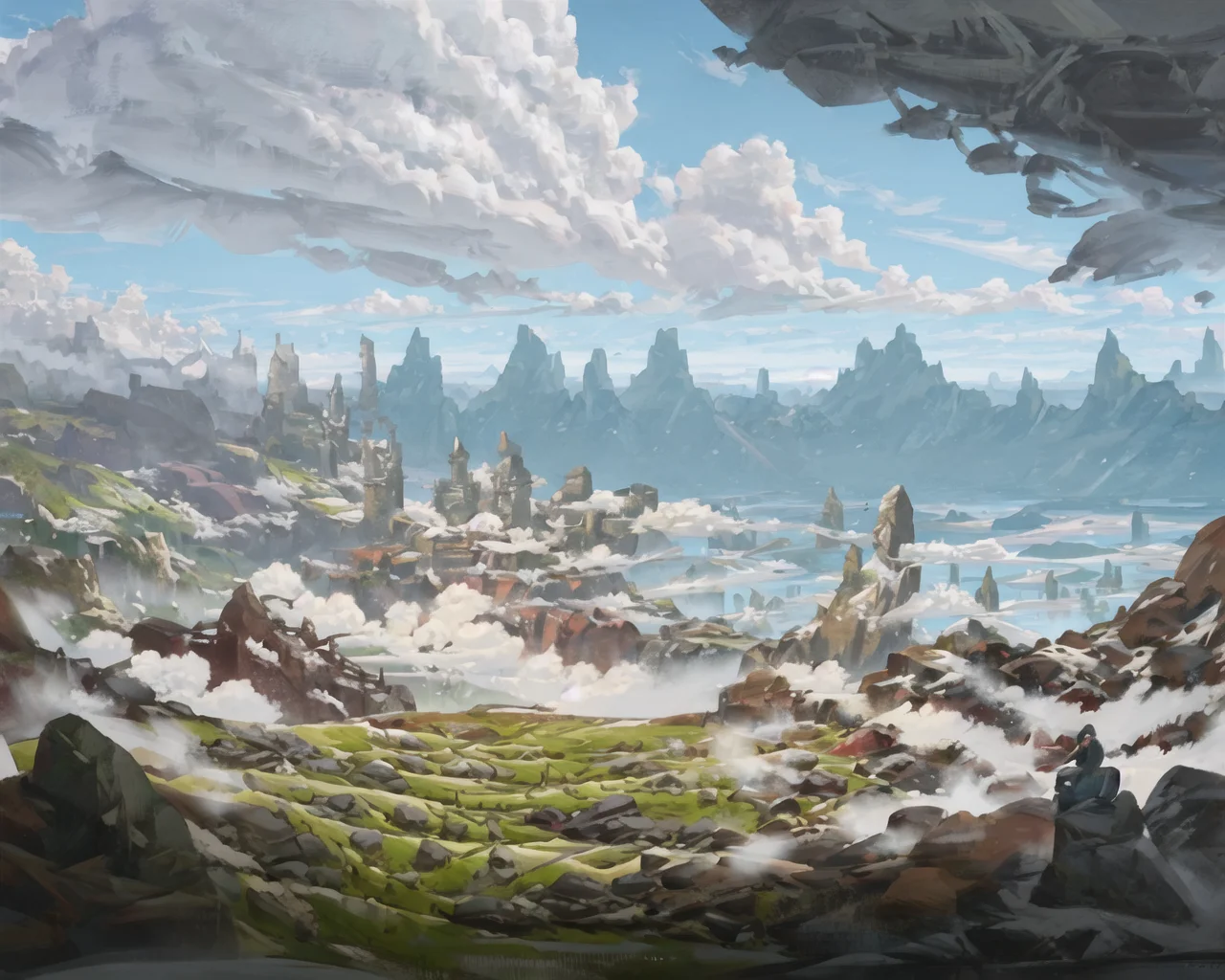 <lora:ConceptScene_B2:1>a painting of a mountain scene with a couple of people on a hill overlooking the ocean and clouds in the sky