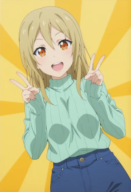 anime screencap, anime coloring, <lora:DX888Akane:1> segawa akane, orange eyes, blonde hair, long hair, hair down, BREAK casual, jeans, long sleeves, (ribbed sweater:1.2), sleeves past wrists, sweater tucked in,  turtleneck sweater, aqua sweaterBREAK simple background, yellow background,  sunburst background, BREAK   1girl, cowboy shot, double v, hands up, happy, looking at viewer,  open mouth, solo, teeth, upper teeth only, v,  upper body, from from below, dutch angle,
