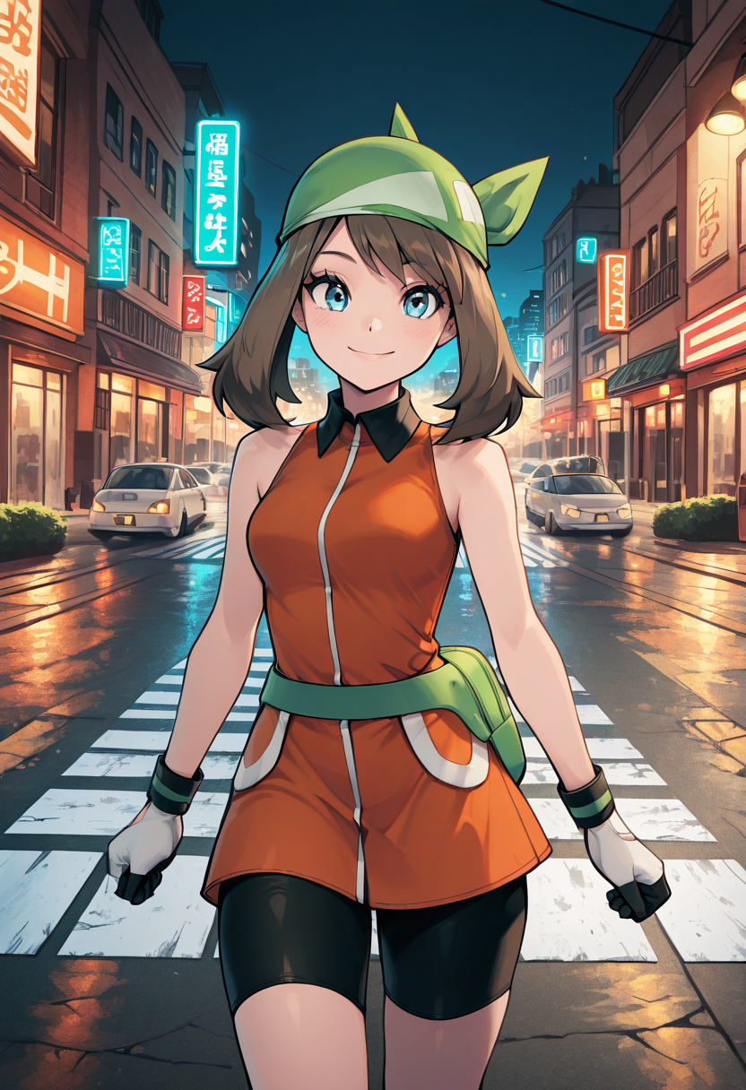 masterpiece, best quality, 1girl, solo, eyelashes, (beautiful eyes), smile, looking at viewer,    zzMayEm, blue eyes, brown hair, medium hair, green bandana, orange dress, bike shorts, sleeveless, gloves, fanny pack, green bag, urban setting, crosswalk, streetlights, motion blur, active lifestyle. zzMayEm dashes across a city crosswalk, her fanny pack and bandana fluttering as neon lights reflect off the pavement.  <lora:MayEmeraldPokemon_IXL_v2:1.0>,
