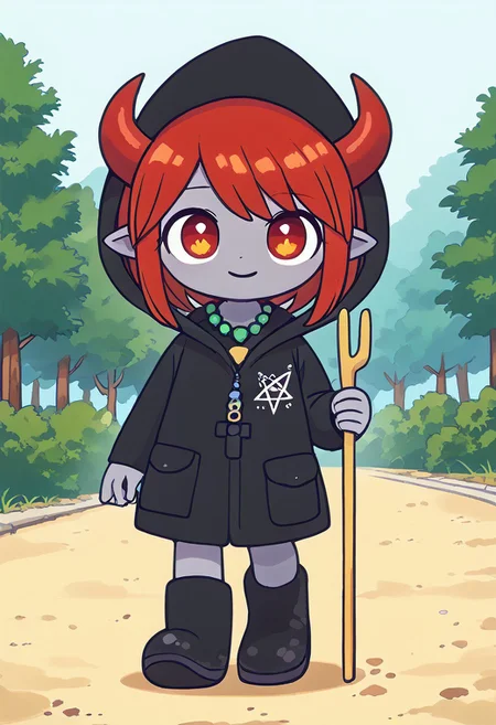 score_9, score_8_up, score_7_up, BREAK
highres, highly detailed, high resolution, high quality, 
source_anime, anime screencap, saturation, vivid colors, 
1girl, solo, luce, full body, standing, demon girl,
(dark red hair:1.2), (big dark red eyes:1.1), medium hair, cute, (grey skin:1.1), (horns:1.2), 
(long black raincoat:1.1), black rubber boots, 
pentagram necklace, holding one red trident, 
In the style of TOK,
DSP, artist:DSP, mogeko,
pikaole,
blurry background, forest background, path,
outlines,