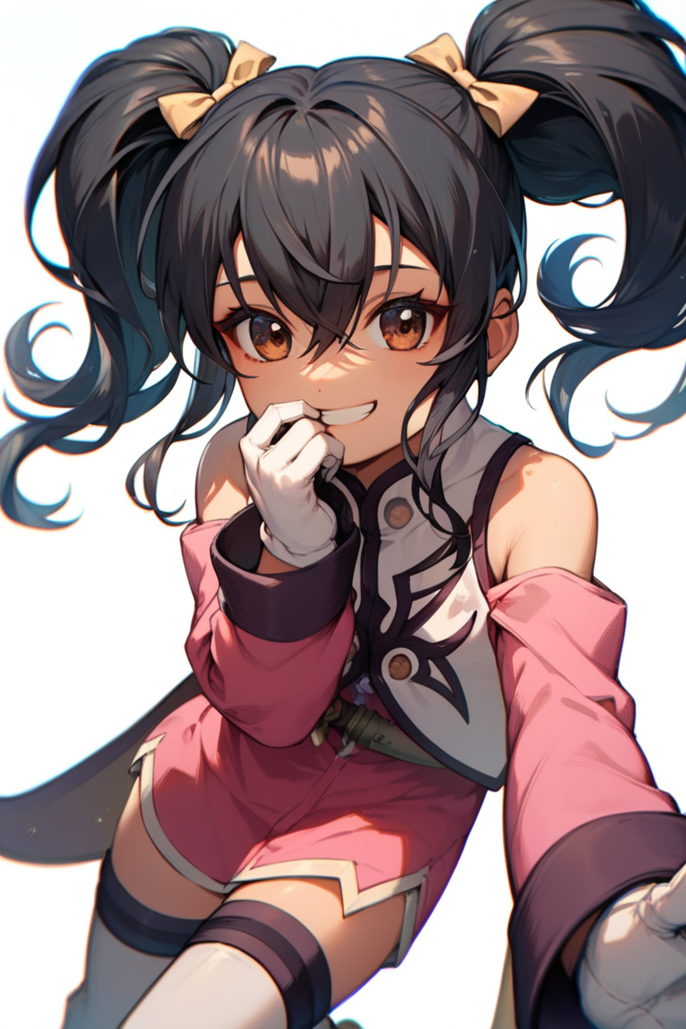score_9, score_8_up, score_7_up, very aesthetic, source_anime, detailed, high quality, beautiful, masterpiece, detailed eyes,
<lora:lightXL:0.8>
simple background
<lora:action-sdxl-V0.5:1>zdyna_pose
upperbody, cowboy shot, close up,
jitome, looking away, hand on mouth, grin, 
<lora:anise_autismConfetti_v05:0.99>flat chest, 
anise tatlin, 1girl, black hair, brown eyes, twintails, pink dress, white gloves, thighhighs, bare shoulders, shoes, hair bow, long sleeves, sidelocks, hair between eyes,, zPDXL