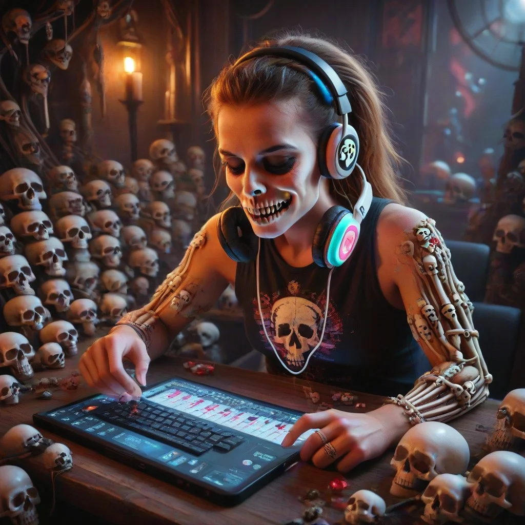 skull candy earbuds, colorful, electronics, slimes_skullwm, made of skulls, product image, marketing image, skeleton, listening to music, headphones
