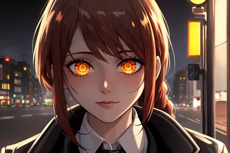 ((masterpiece)), best quality, highly detailed, extremely detailed cg unity 8k wallpaper, illustration,(EMB_sksmakimatest,glowing eyes:1.2), (solo, night time, warm lighting, black coat, warm colors, city background, pov:1.4), (streetlights:1.3), (neon lights:1.2), (skyscrapers:1.1), (car headlights:1.1), (city skyline:1.1), (wet streets:1.1)
