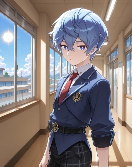 masterpiece,best quality,amazing quality, newest, very aesthetic, absurdres,
1boy, solo, yaoi, male focus, looking at viewer, cowboy shot,
<lora:Noah_Liberator_ilxl:1> noahlb, blue eyes, blue hair, hair between eyes, short hair, white pupils,
school uniform, white shirt, collared shirt, blue jacket, red necktie, black pants, plaid pants,
indoors, school, hallway, window, day, sun, <lora:StS_Age_Slider_Illustrious_v1:1>