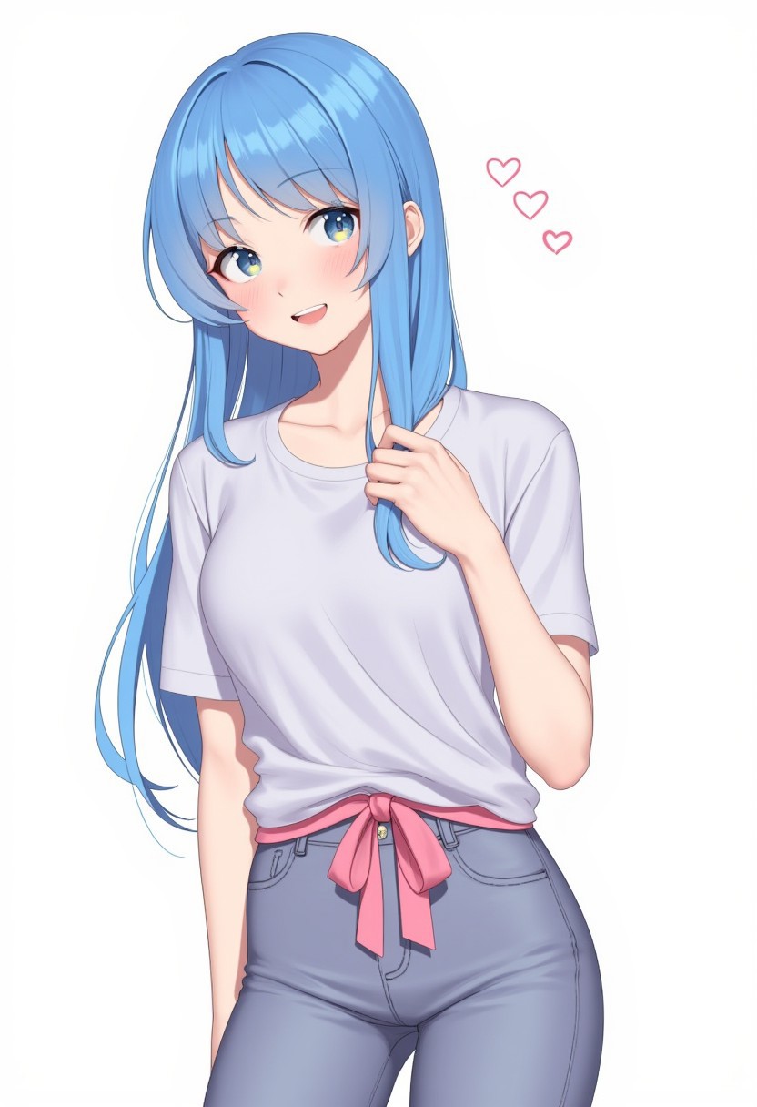 Abbystea style. This is a digital illustration in an anime style, depicting a young woman with long, flowing blue hair cascading down her back. She has a slender, athletic build and is wearing a casual, short-sleeved, light grey t-shirt that accentuates her small to medium-sized breasts. A pink ribbon tied around her waist cinches the loose-fitting t-shirt, adding a playful, youthful touch. Detail eyes, magic eyes, de01