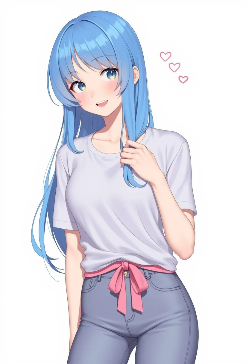Abbystea style. This is a digital illustration in an anime style, depicting a young woman with long, flowing blue hair cascading down her back. She has a slender, athletic build and is wearing a casual, short-sleeved, light grey t-shirt that accentuates her small to medium-sized breasts. A pink ribbon tied around her waist cinches the loose-fitting t-shirt, adding a playful, youthful touch. Detail eyes, magic eyes, de01