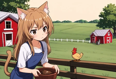 Aisaka_Taiga, 1girl, solo, flat chest, brown_eyes, catgirl, female, farm, field, farmer, wooden house, working, work clothes, chicken, feeding, holding, bowl