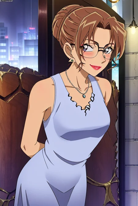 eritv,1girl,solo,one hair bun,glasses,sky,night,dating,nose blush,smile,medium breasts,cityscape,mature female,necklace, earrings,sleeveless dress,arms behind back, (looking at viewer:1.3), invite to kiss,(leaning forward),lipstick,
<lora:Eritv:0.8>