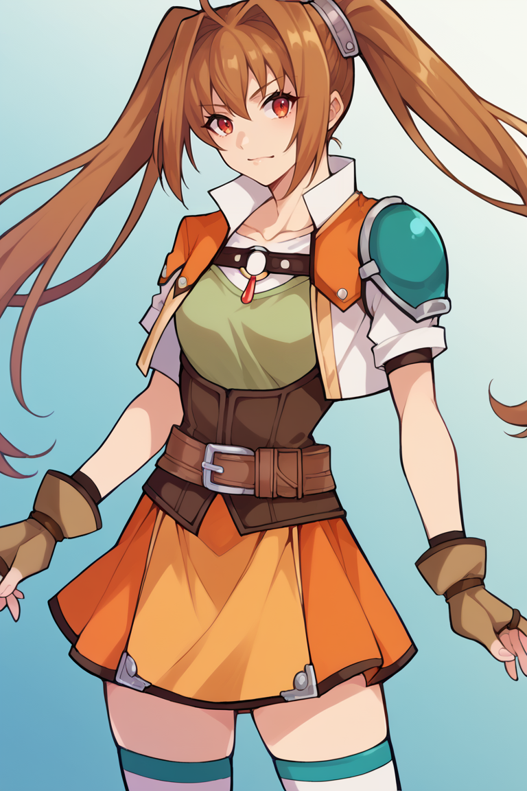 score_9, score_8_up, score_7_up, BREAK,   <lora:dickhammersmith-guy-PONYv1:1>, 1girl, solo,  <lora:estelle-pdxl-nvwls-v1:0.95> scEstelle, twintails, cropped jacket, orange and white jacket, green shoulder pad, tan shirt, orange skirt, belt, white thighhighs, brown gloves, orange bootsportrait,