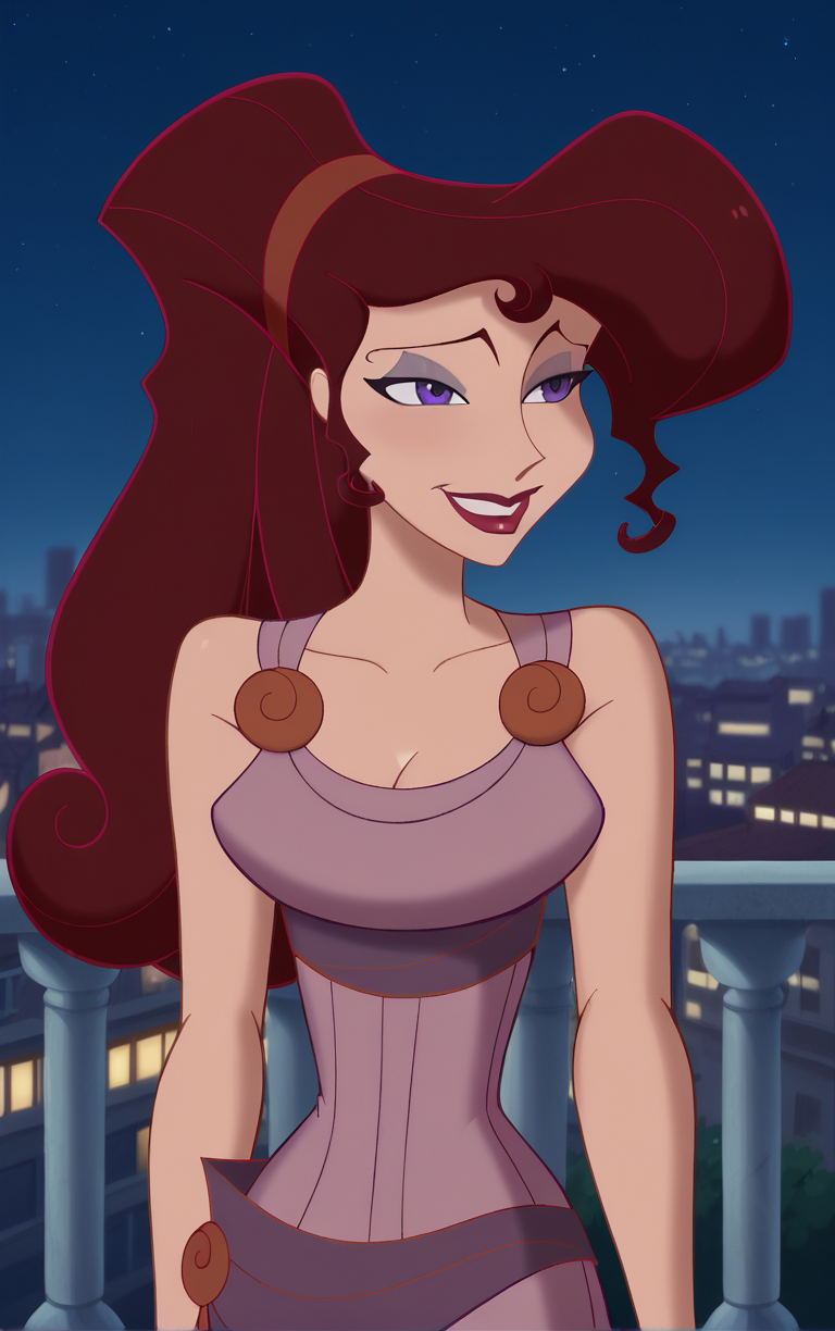 score_9, score_8_up, score_7_up, BREAK
MainOutfit_Megara_ownwaifu, 
1girl, big hair, breasts, curly hair, eyelashes, hair bun, high ponytail, long hair, makeup, narrow waist, purple eyes, purple eyeshadow, red hair, red hairband, red lips, lipstick, medium breasts, dark skin, dark-skinned female, hair over one eye, collarbone, 
purple dress, sleeveless dress, cleavage, clothes around waist, sleeveless, bare shoulders, long dress,
(standing, arm_support), railing, cityscape, night, city, city lights, scenery, starry sky, vanishing point, outdoors, <lora:PONYXL_Hercules_Megara_ownwaifu:1> , depth of field, solo,