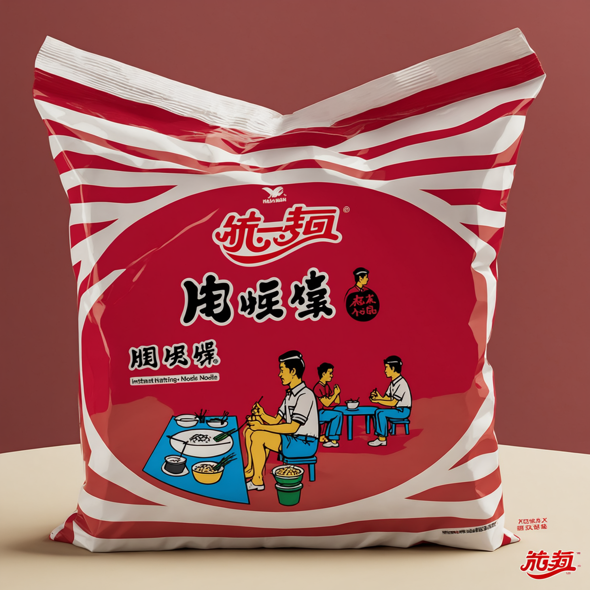 rozamanbag,text,A bag of instant noodles placed on a red table. The packaging of the noodles is clearly visible, showcasing the brand and flavor. The red table provides a striking contrast, emphasizing the subject. The scene should be as realistic as a high-resolution photograph, with natural and even lighting that highlights the details of the bag and the texture of the table, <lora:rozaman2:0.7>