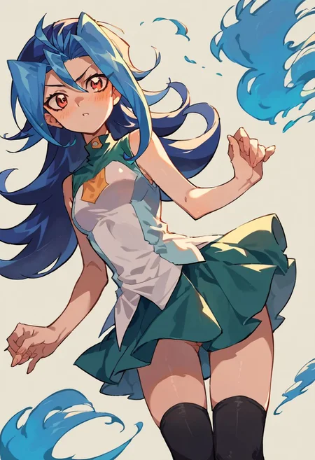 score_9, score_8_up, score_7_up, uncensored, source_anime,
1girl, blue hair, multicolored hair, dyed bangs, riouni, sleeveless, sleeveless shirt, green skirt, black thighhighs