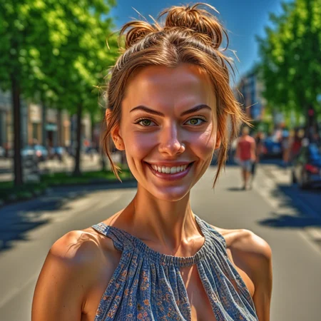 HDR photo of woman with hair in a messy bun smiles at the viewer, perfect eyes, beautiful skin, outside on a warm sunny day wearing a summer dress . High dynamic range, vivid, rich details, clear shadows and highlights, realistic, intense, enhanced contrast, highly detailed