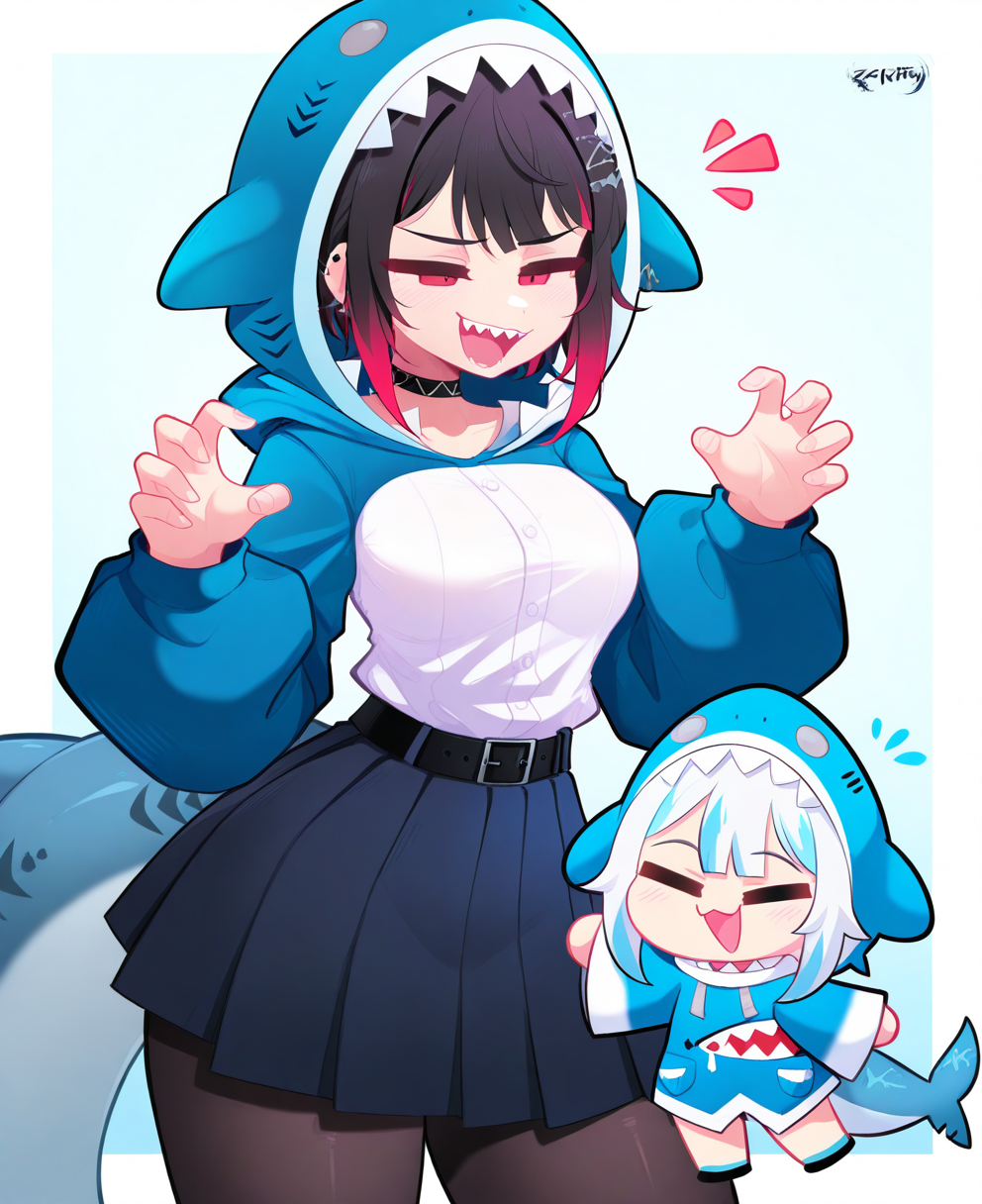 <lora:zackir7:1> zackir7,
(masterpiece), (best quality), (ultra-detailed), amazing quality, very aesthetic, illustration, perfect composition, intricate details, absurdres, incredibly absurdres, shiny skin, realistic,
 zackir7, shark tail, fish tail, multiple girls, 2girls, multicolored hair, tail, virtual youtuber, pantyhose, hood, black hair, red eyes, skirt, shark costume, blue hair, shirt, fins, red hair, hair ornament, shark hood, chibi, white shirt, blue hoodie, grey hair, streaked hair, hoodie, shark girl, animal hood, ear piercing, short hair, pink hair, piercing, choker, animal costume, breasts, pleated skirt, tone hair, closed eyes, sharp teeth, black belt, general