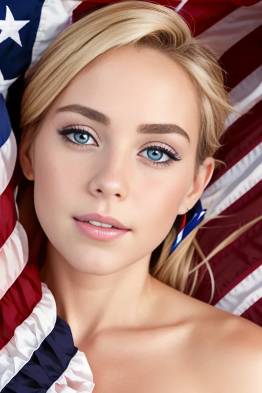 c-span still, of (gorgeous female POTUS, wrapped in the American flag), perfect face, seductive eyes, detailed skin, full body