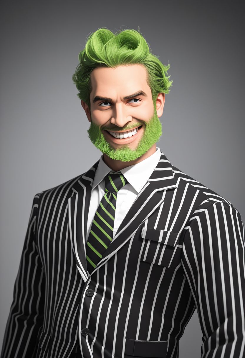 a portrait photograph of (bjzzs), 1boy,  male focus, solo , suit,  jacket, beard, pinstripe pattern, vertical stripes, long sleeves, necktie, green hair, pants, shirt, striped, formal, prison clothes, poltergeist vibes, portrait, upper body, grin, beetlejuice beetlejuice beetlejuice, Lomo, Shot on 70mm, Warm Color Palette, Kodachrome, ProPhoto RGB, Rim Lights, Backlight, Natural Lighting, zPDXL , official photography, best poltergeist,